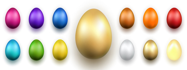 Easter egg 3D icons. Gold, color eggs set isolated white background. Golden design, decoration Happy Easter celebration. Holiday elements collection. Shiny pattern. Spring symbol. Vector illustration