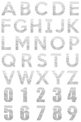 Set of White creased paper texture english alphabet, isolated on white background