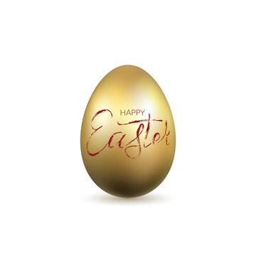 Easter egg 3D icon. Gold egg, lettering, isolated white background. Shine design. Hand drawn decoration Happy Easter celebration. Text element. Holiday pattern. Spring symbol. Vector illustration