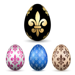 Easter egg 3D icon. Color eggs set, isolated white background. Flower fleur de lis design, decoration Happy Easter celebration. Royal lily element. Holiday pattern. Spring symbol. Vector illustration © alona_s