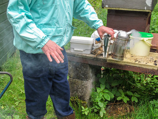 Beekeeper operating the bellows of a smoker