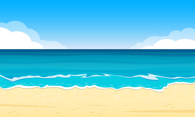 Fototapeta na wymiar Sandy Beach. Summer Background with Sand Shoe, Sea or Ocean and Sky with Clouds. Tropical Landscape for Travel and Vacation Banner. Vector Illustration. 