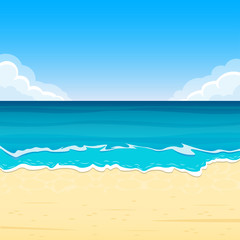 Fototapeta na wymiar Sandy Beach with Sea Waves. Summer Background with Sand Shoe, Sea or Ocean and Sky with Clouds. Tropical Landscape for Travel and Vacation Banner. Vector Illustration. 