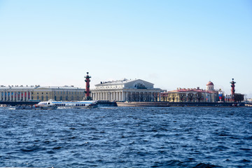 View of buildings, streets, bridges, rivers and canals of St. Petersburg, Russia.