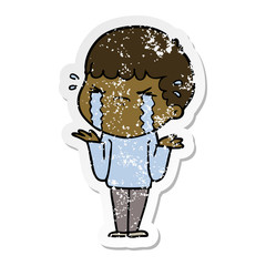 distressed sticker of a cartoon man crying