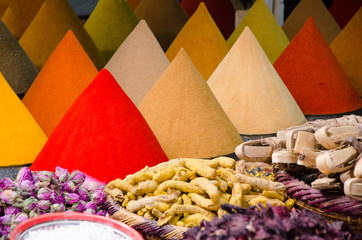 Colorful spices in a souk in Morocco