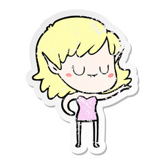 distressed sticker of a happy cartoon elf girl