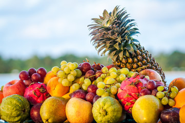 Exotic fruits mix. Outdoor food catering on a exotic island.