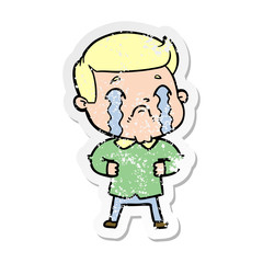 distressed sticker of a cartoon man crying