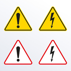 Caution warning sign with exclamation mark and Electrical hazard sign with lightning or thunder. High voltage, Alert, danger, attention and error symbol. Triangle shape. Vector illustration.