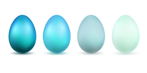 Easter egg 3D icons. Blue bright and pastel eggs set isolated white background. Design decoration for Happy Easter celebration. Holiday elements pattern collection. Spring symbol. Vector illustration