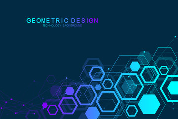Abstract medical background DNA research, molecule, genetics, genome, DNA chain. Genetic analysis art concept with hexagons, waves, lines, dots. Biotechnology network concept molecule, vector