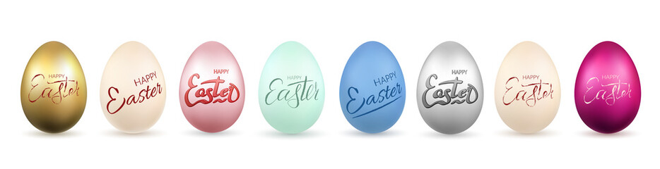 Easter egg 3D icon. Gold, pastel eggs set, lettering, isolated white background. Realistic design. Hand drawn decoration Happy Easter celebration. Text pattern for spring holiday. Vector illustration