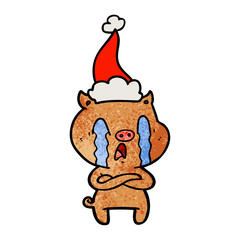 crying pig textured cartoon of a wearing santa hat