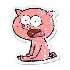 distressed sticker of a cartoon sitting pig shouting