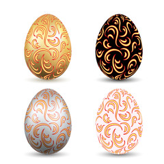 Easter egg 3D icons. Ornate color eggs set, isolated white background. Swirl realistic design, decoration Happy Easter celebration. Holiday ornamental element. Spring pattern. Vector illustration