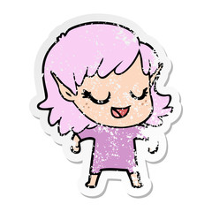 distressed sticker of a happy cartoon elf girl