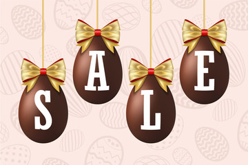 Easter egg sale 3D icons set. Gold ribbon bow, white text, hanging chocolate eggs isolated background. Design banner, promotion decoration, special offer, best price. Tag discount. Vector illustration