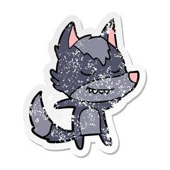 distressed sticker of a friendly cartoon wolf