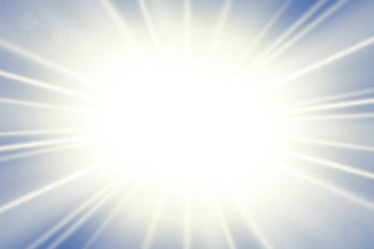 Sun rays. Starburst bright effect, isolated on blue background. Gold light star flash. Abstract shine beams. Vibrant magic sparkle explosion. Glowing burst, lens effect. Vector illustration