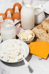 assortment of fresh farm dairy products, vertical closeup
