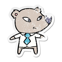 distressed sticker of a cute cartoon bear in office clothes