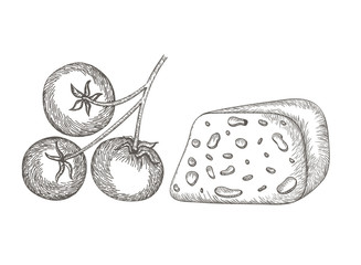 delicious cheese and tomatoes isolated icon