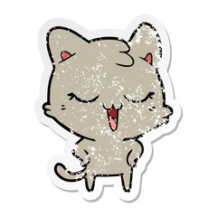 distressed sticker of a happy cartoon cat