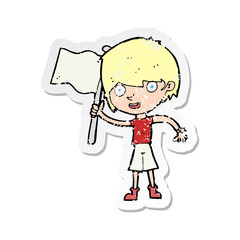 retro distressed sticker of a cartoon boy with flag