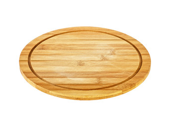 Closeup of a round wooden cutting board isolated on white background. Pizza board.