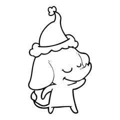 line drawing of a smiling elephant wearing santa hat