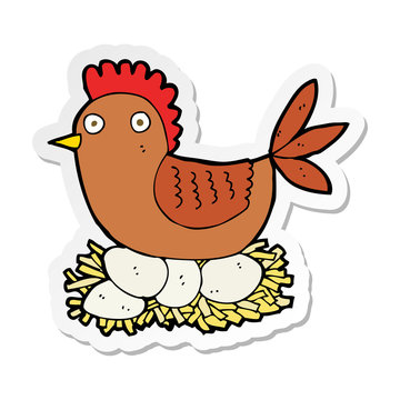 sticker of a cartoon hen on eggs