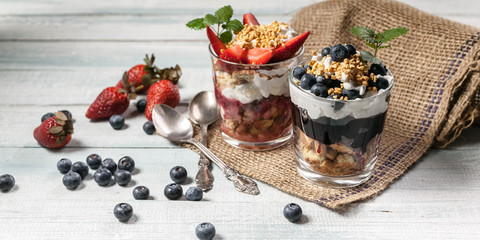 Food banner. Natural healthy breakfast with yogurt and berries