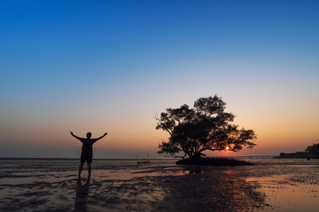 Silhouette of Travel Man Raising Hands with Seascape and Tree Background - Lifestyle Concept