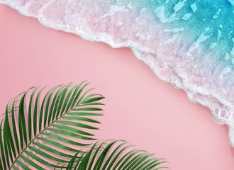Foto op Aluminium tropisch palmblad en zachte blauwe golf op roze achtergrond © OHishi_Foto