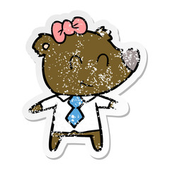 distressed sticker of a female bear in work clothes