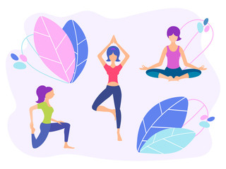 Girls do yoga, healthy lifestyle concept, floral design