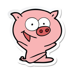sticker of a cheerful sitting pig cartoon