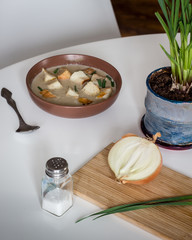 Homemade mushroom soup with onion