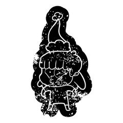 cartoon distressed icon of a whistling girl wearing santa hat