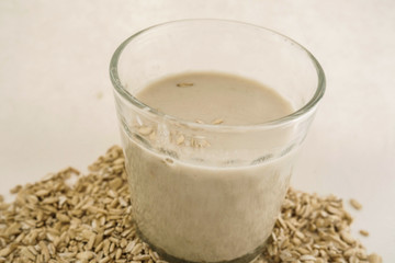 Plant milk. Oat grains milk on white background. Healthy food