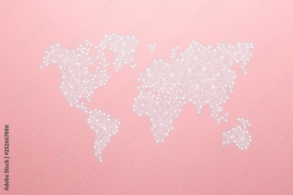 Wall mural world map on the principle of neural networks on the pink background. world community and network. a