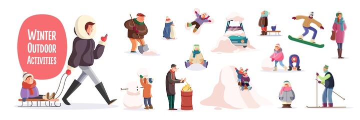 Flat cartoon characters performing winter outdoor activities