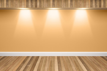 Orange colors wall & wood floor interior with light spots,3D illustration