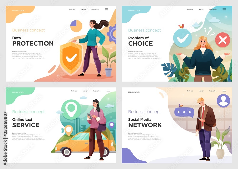 Poster set of website template designs. vector illustration concepts of web page design for website or land