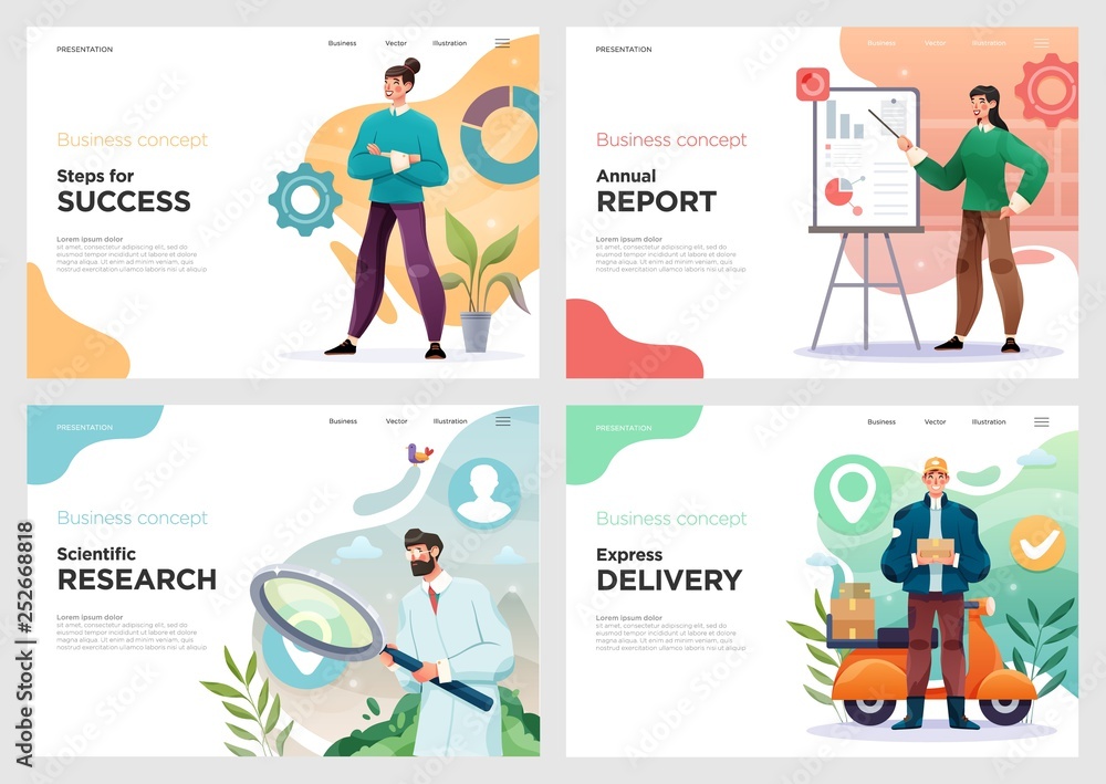 Poster set of website template designs. vector illustration concepts of web page design for website or land