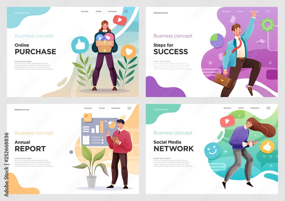 Poster set of website template designs. vector illustration concepts of web page design for website or land