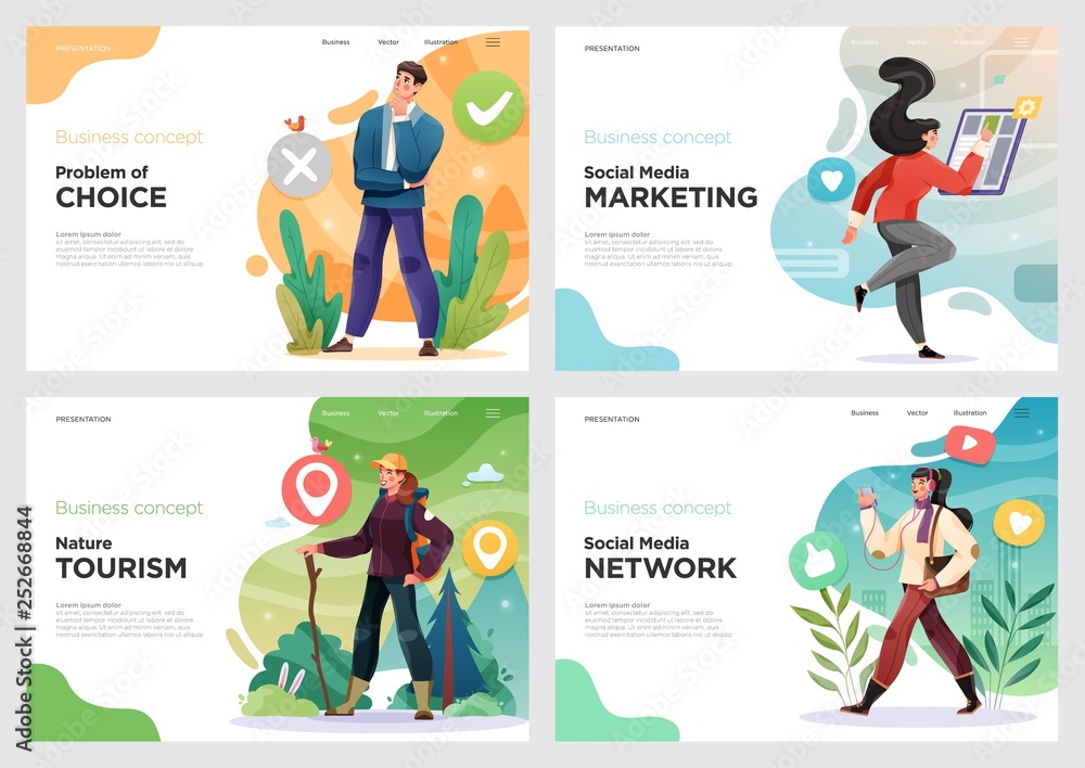 Poster set of website template designs. vector illustration concepts of web page design for website or land