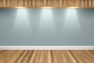 Slate gray colors wall & wood floor interior with light spots,3D illustration