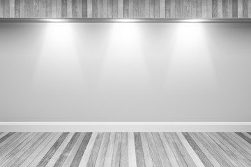 White colors wall & wood floor interior with light spots,3D illustration 2
